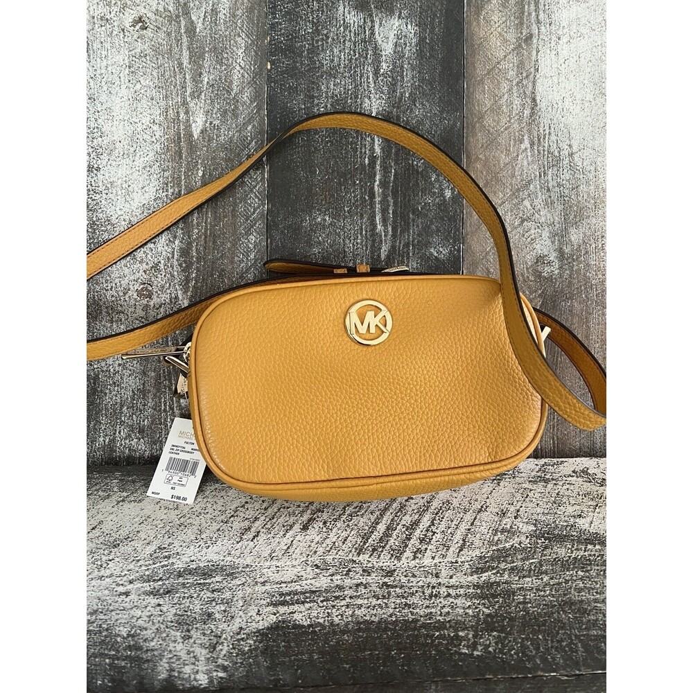 $198 Michael Kors Fulton Double Zip Crossbody Bag Yellow Pebbled Leather NWT